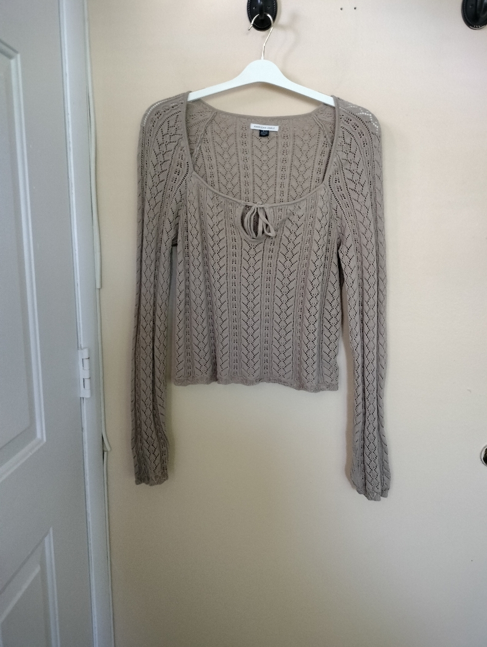 American Eagle Beige Open-Knit Cotton Top XL Festival Vacation Y2K Stretch